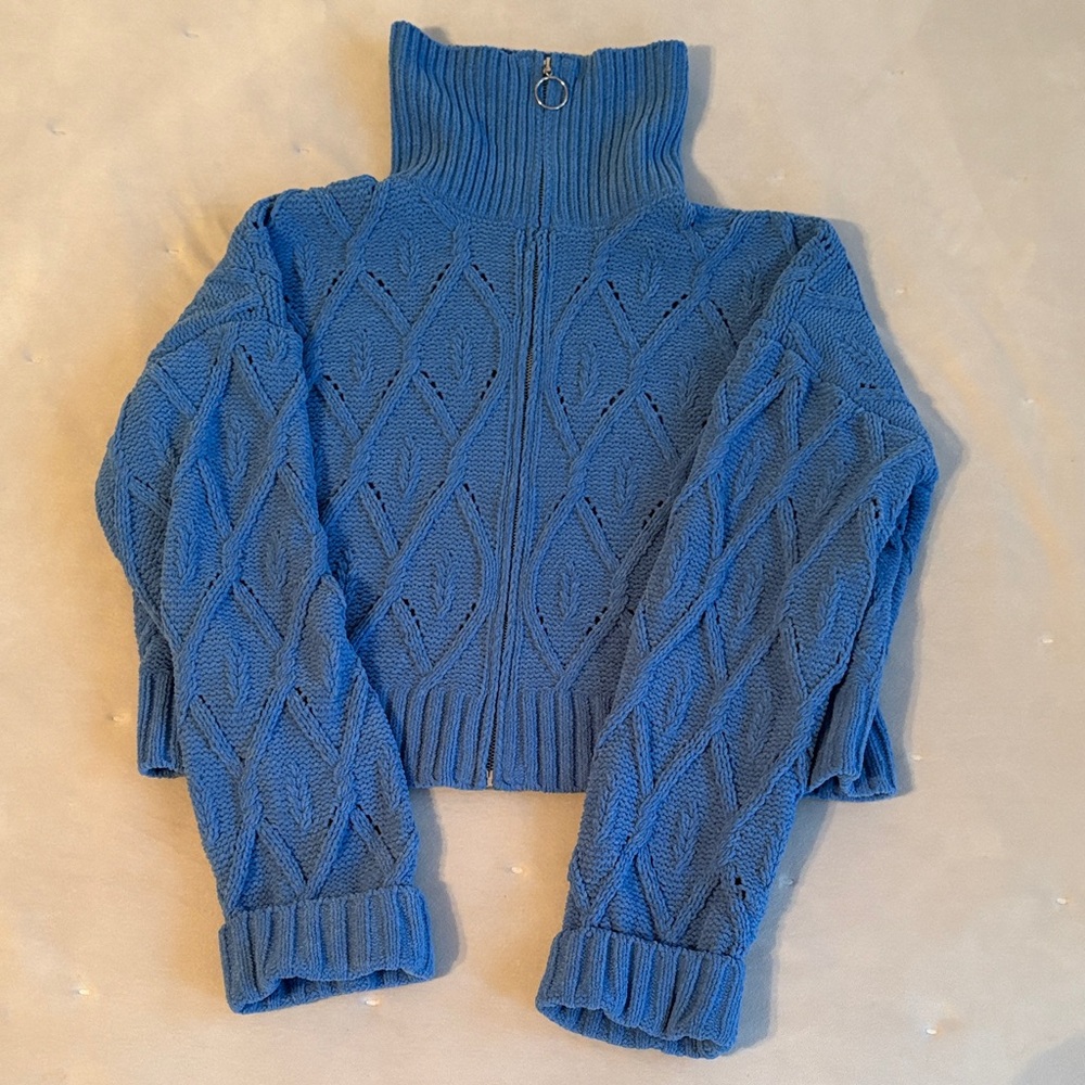 Blue Turtleneck Cable Knit Sweater